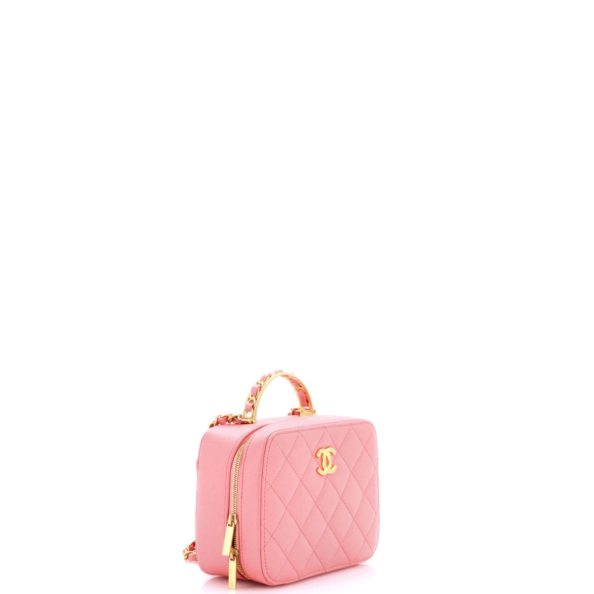 CC Chain Handle Zip Around Vanity Case with Chain Quilted Lambskin Small