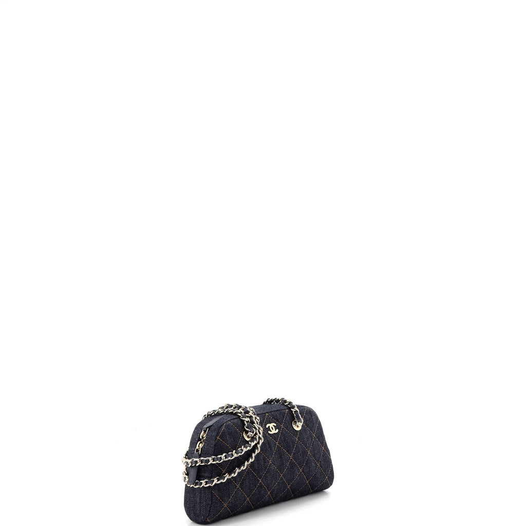 Bowling Clutch with Chain Quilted Denim