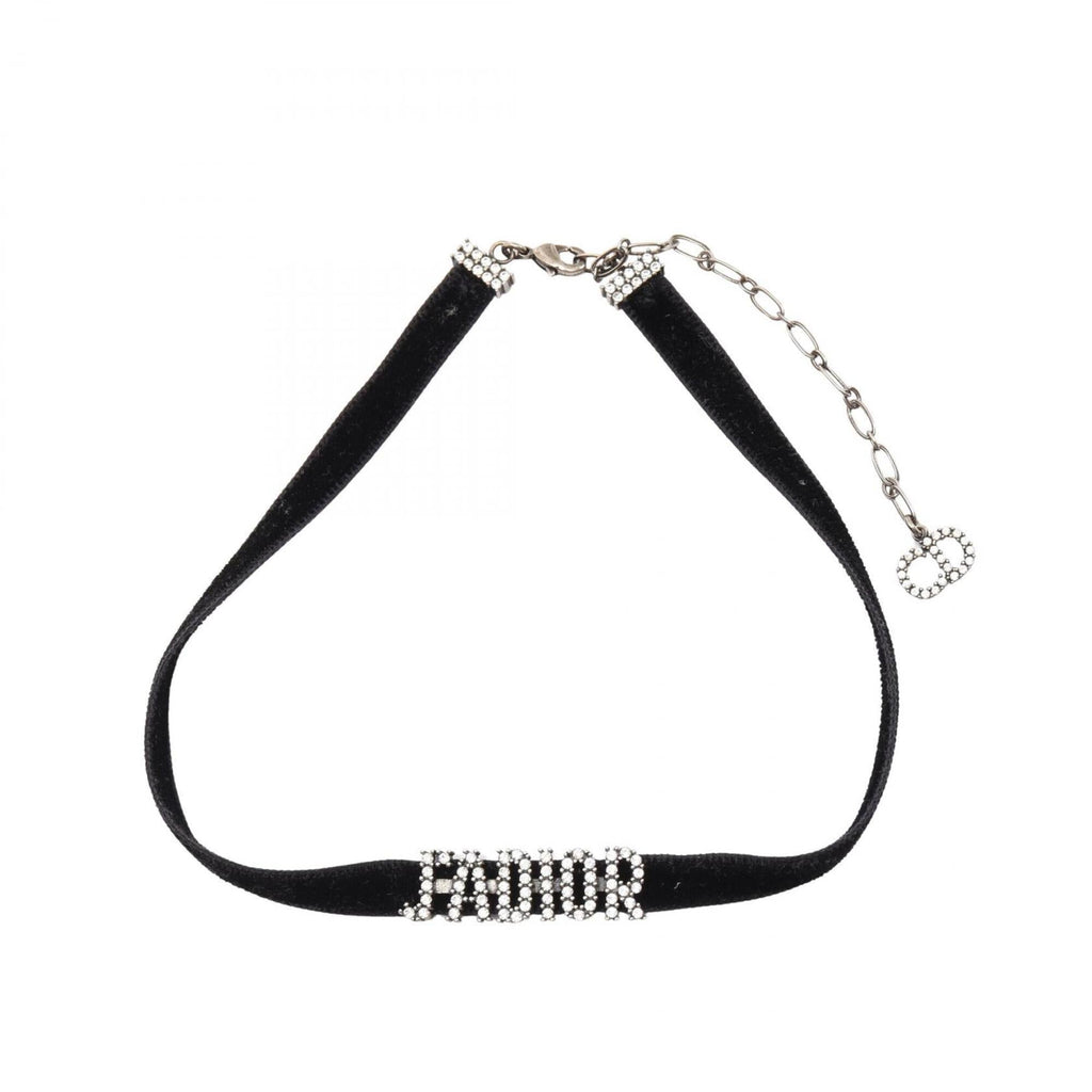 Choker Necklace Leather and Metal With Rhinestones Black Silver Clear