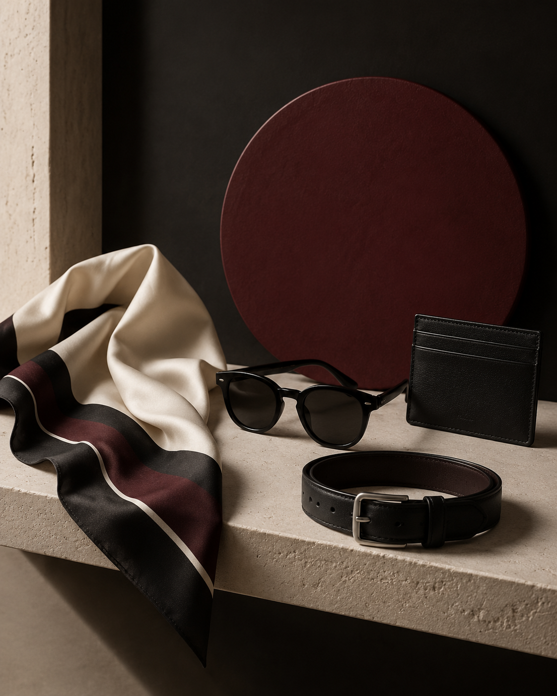Unbranded silk and leather accessories in a dark ritual gallery