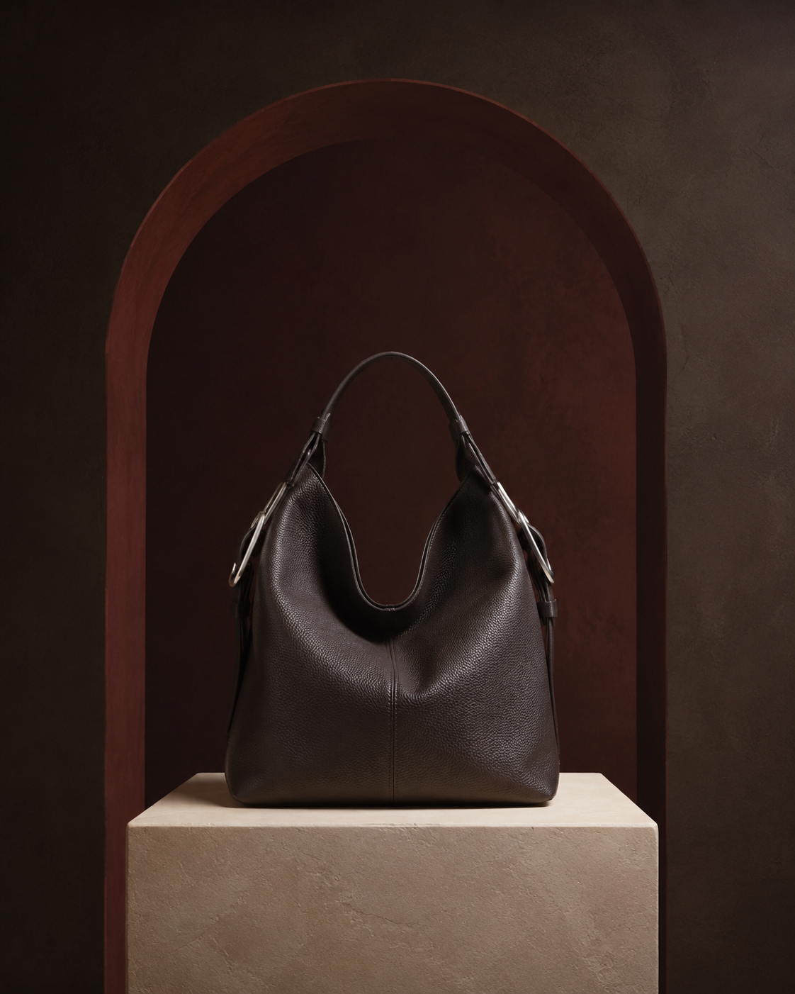 Unbranded sculptural leather handbag in a dark ritual gallery