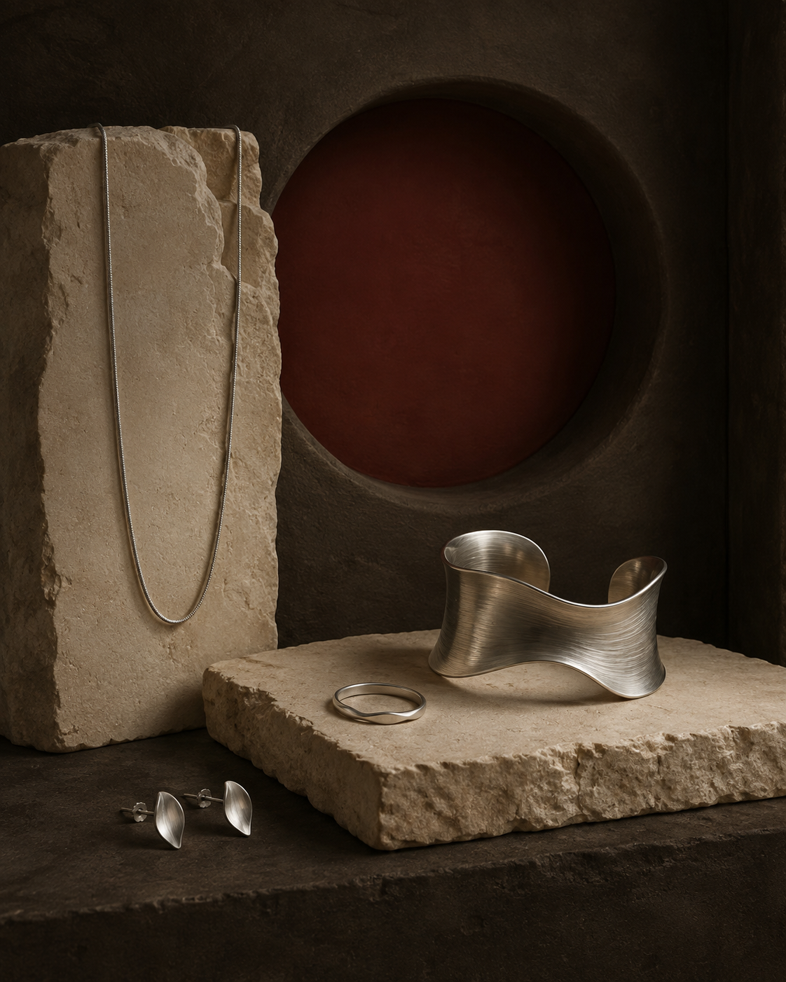 Unbranded silver jewelry in a dark ritual gallery