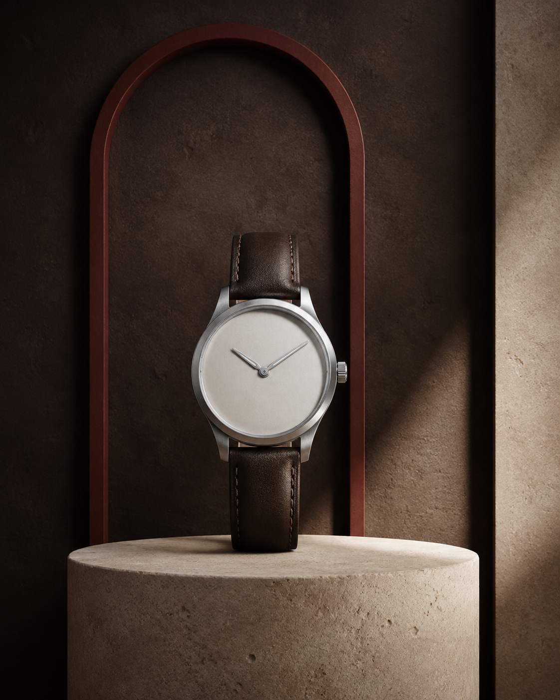 Unbranded minimalist wristwatch in a dark ritual gallery